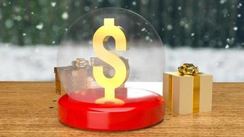 o dólar de ouro na bola de cristal de natal e caixa de presente para negócios ou conceito de férias renderização em 3d foto