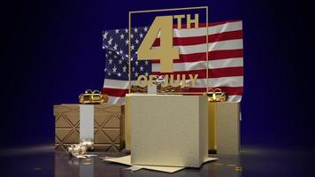 texto de ouro 4 de julho na bandeira da américa e caixa de presente para renderização em 3d de conteúdo de férias foto