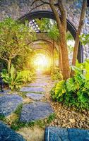 jardim com entrada de arco natural e raios solares, portões mágicos na fabulosa floresta verde foto