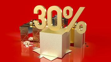 a porcentagem de número de ouro e caixas de presente em fundo vermelho para renderização em 3d de conteúdo de negócios de promoção de venda foto