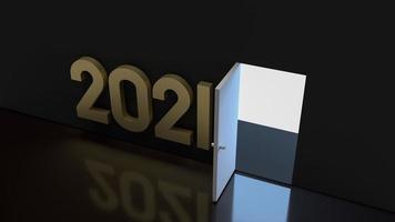 o texto dourado de 2021 e o brilho da luz em uma porta para renderização 3d de conteúdo de fundo abstrato. foto