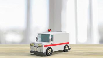a ambulância na mesa de madeira para cuidados de saúde ou conceito médico renderização em 3d foto