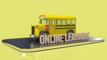 o ônibus escolar e o tablet para aprendizado on-line ou renderização em 3d do conceito de aprendizado. foto