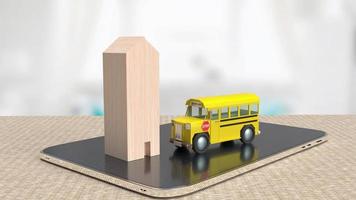 o ônibus escolar e a casa de madeira no tablet para o conceito de educação renderização em 3d foto