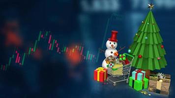 a árvore de natal e o carrinho de compras no fundo do gráfico de negócios renderização em 3d foto