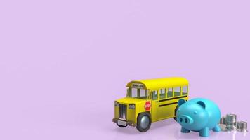 o cofrinho e ônibus escolar em fundo rosa para educação ou conceito de economia de renderização em 3d foto