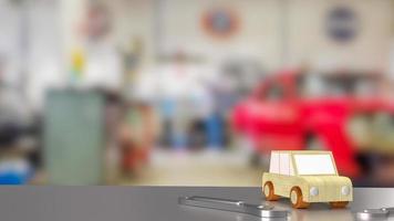 brinquedo de carro na mesa na garagem para serviços de garagem ou conceito de automóveis renderização em 3d foto