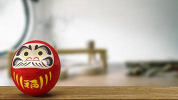 boneca japonesa daruma na mesa de madeira renderização em 3d foto