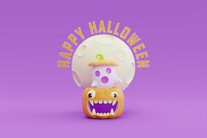 feliz dia das bruxas com personagem de abóboras jack-o-lanterna sob a lua em fundo roxo, renderização em 3d. foto