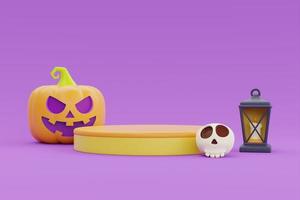 feliz dia das bruxas com exibição de pódio e abóboras jack-o-lanterna em fundo roxo, feriado tradicional de outubro, renderização em 3d. foto