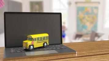 ônibus escolar no laptop para renderização em 3d do conceito de aprendizagem eletrônica foto