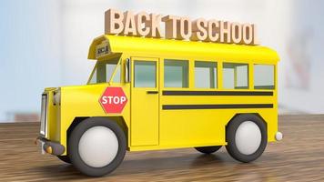 o ônibus escolar na mesa de madeira para renderização 3d de conceito de volta à escola foto