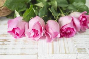 rosa fresca rosa sobre fundo branco de madeira - conceito de fundo colorido foto