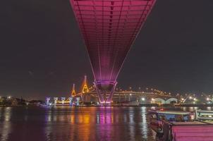 ponte bhumibol, ponte do rio chao phraya. acender as luzes em muitas cores à noite. foto