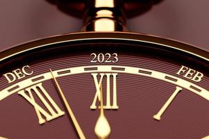 Ilustração 3D do relógio redondo preto antigo com cortes 2023 e meses do calendário em fundo isolado marrom. ícone de cronômetro, logotipo. cronômetro, temporizador vintage foto