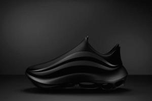 3d ilustração preto novo tênis esportivo em uma enorme sola de espuma em fundo preto isolado, tênis em um estilo feio. tênis da moda. foto