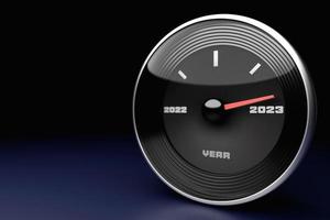 A ilustração 3D fecha o velocímetro preto com cortes 2022,2023 e meses do calendário. foto