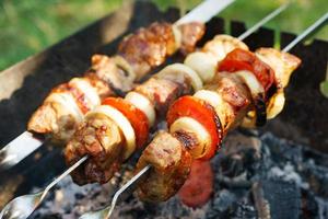 kebab, pedaços de carne em espetos de metal, cozidos no fogo da grelha foto