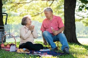 Felizes velhos cônjuges de casal de idosos relaxando e sentados em um cobertor no parque e compartilhando algumas memórias preciosas. casal sênior se divertindo juntos em um piquenique. conceito de relacionamentos maduros