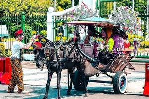 jacarta, indonésia, 18 de junho de 2022. a tradicional carruagem de cavalos de jacarta chamada andong foto