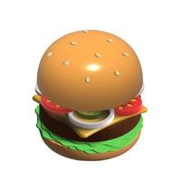 estilo cartoon de hambúrguer isolado no fundo branco. Ilustração de renderização 3D de hambúrguer ou cheeseburger com tomate, picles, cebola e alface. foto