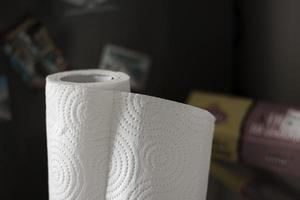 rolo de toalhas de papel branco com ornamento pontilhado, foto horizontal sobre fundo desfocado. objeto para limpar e enxugar, para cozinha, doméstico todos os dias