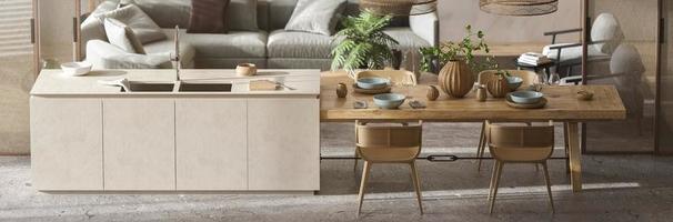 minimalismo moderno interior design escandinavo. fundo de cozinha e sala de estar. ilustração de renderização 3D. bandeira da web. foto