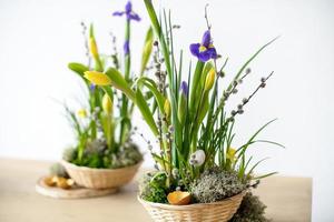 elegante primavera, arranjos de flores de páscoa de íris, tulipas, narcisos e ramos de salgueiro, localizados na mesa à luz do dia em casa. foto