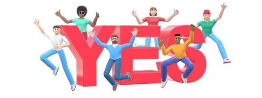 a palavra sim em um fundo branco. grupo de jovens multiculturais felizes saltam e dançam juntos. personagem de desenho animado de banner horizontal e slogan do site. renderização 3D. foto