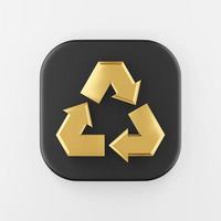 ícone de símbolo dourado de reciclagem. Chave de botão quadrado preto de renderização 3D, elemento interface ui ux. foto