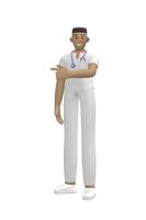 personagem médico jovem africano médico de terno aponta um dedo para copiar o espaço. pessoa dos desenhos animados isolada em um fundo branco. renderização 3D. foto