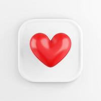 ícone de coração vermelho realista, botão quadrado branco. renderização 3D. foto