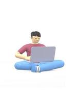 Personagem de renderização 3D de um cara asiático sentado em posição de lótus com um laptop. o conceito de estudo, negócios, líder, inicialização. ilustração positiva é isolada em um fundo branco. foto