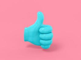 palma de uma cor azul com o polegar para cima no fundo liso rosa. objeto de design minimalista. Elemento de interface ux do ícone de renderização 3D. foto