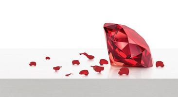 diamante deslumbrante vermelho e pétalas de rosa na mesa de madeira branca, conceito de dia dos namorados. renderização 3D foto
