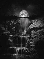 cachoeira e lua cheia na paisagem noturna preto e branco foto