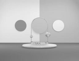 Exposição abstrata de renderização 3D. plataforma de mármore com arco e correntes de prata brilhante, elementos decorativos redondos de um tom diferente em branco pastel, cinza. modelo de prêmio para aplicativo, página da web. foto