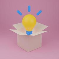 lâmpada amarela na caixa rosa. conceito de dica de ideia de negócio. arte minimalista abstrato. ilustração 3D isolada no fundo rosa. foto