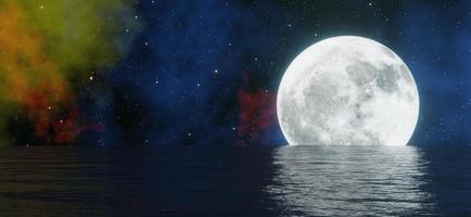 a grande lua brilha atrás do mar com estrelas e nuvens coloridas foto