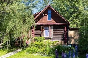 casa de campo de madeira no jardim ornamental foto