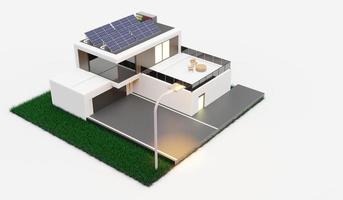 casa inteligente solar fotovoltaica ecossistema de economia de energia em casa diagrama isométrico do sistema solar em casa ilustração 3d de energia solar foto