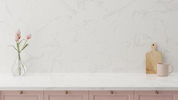 fundo de maquete de balcão mínimo em estilo moderno com parede superior de mármore branco e balcão rosa. interior da cozinha.