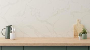 fundo de maquete de balcão mínimo com parede de mármore de balcão verde de madeira brilhante com planta de vaso. interior da cozinha. foto
