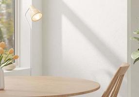 maquete de fundo de quarto mínimo em luz solar suave e aconchegante com mesa de madeira branco vaso de parede de concreto tulipa lâmpada violino planta. foto
