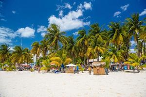 cocos beach bar em uma praia com areia branca e palmeiras em um dia ensolarado, ilha isla mujeres, mar do caribe, cancun, yucatan, méxico foto