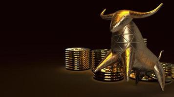 touro ouro e moedas de ouro renderização 3d em tom escuro para conteúdo de negócios. foto