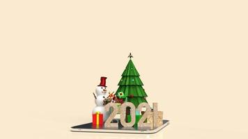 o boneco de neve e o carrinho de compras no tablet para marketing on-line no conteúdo de férias de natal e ano novo renderização em 3d foto