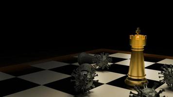 o xadrez de ouro e vírus na renderização 3d de jogos de tabuleiro para o conceito de estratégia. foto
