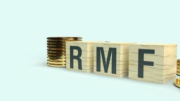 texto rmf em cubo de madeira e moedas renderização 3d para conteúdo de negócios. foto