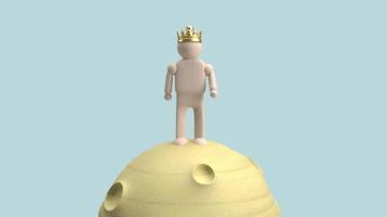 a figura de madeira do homem da coroa dourada na lua renderização em 3d foto
